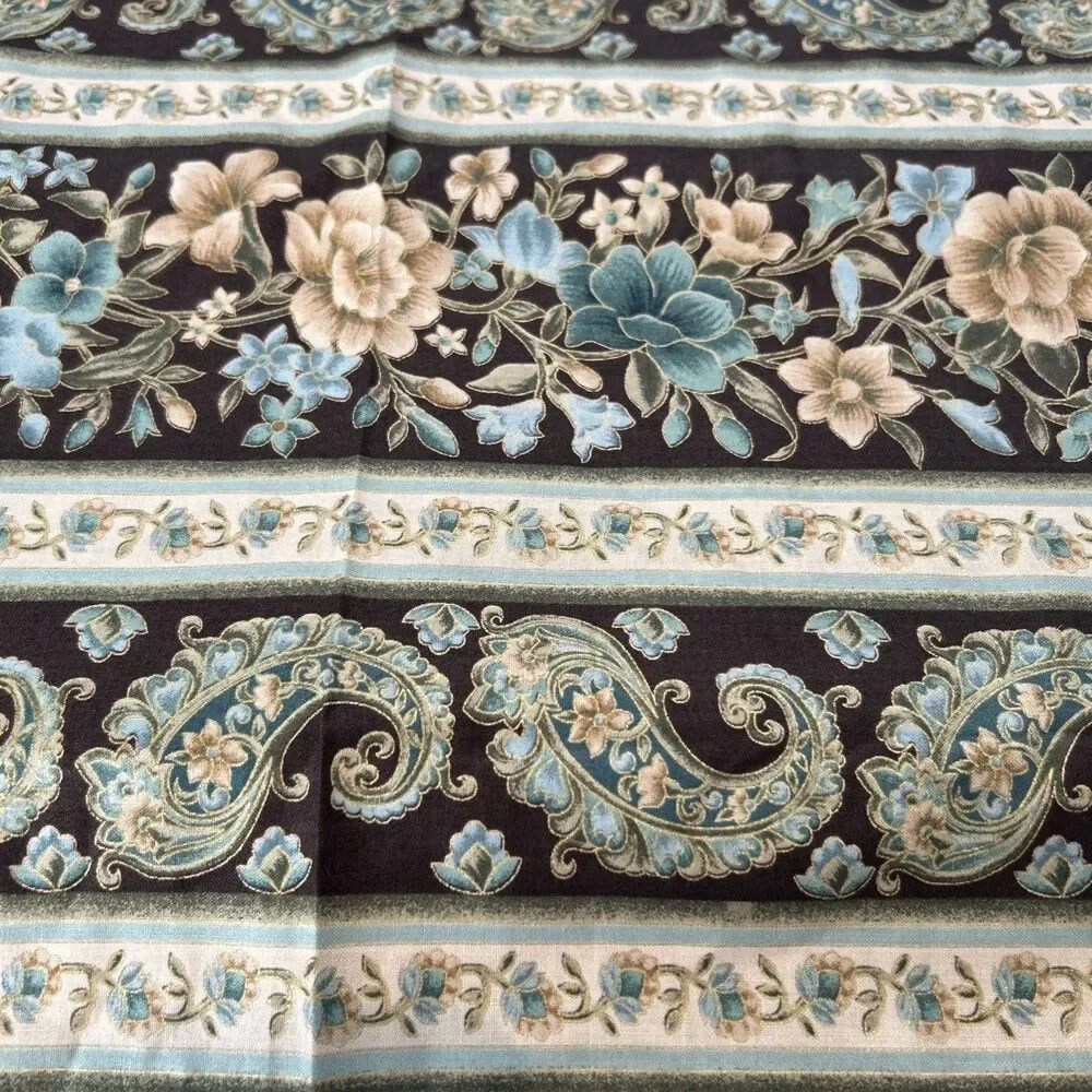 Cotton Quilting Fabric Traditions Brown Blue Paisley Floral Gold Outline 37 X 40